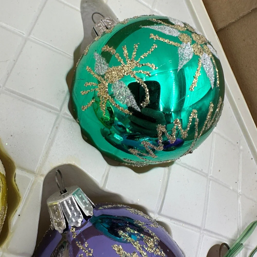 Vintage Glass Christmas Ornaments Purple Gold Green Romania Commodore Lot 17